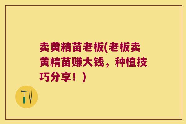 卖黄精苗老板(老板卖黄精苗赚大钱，种植技巧分享！)