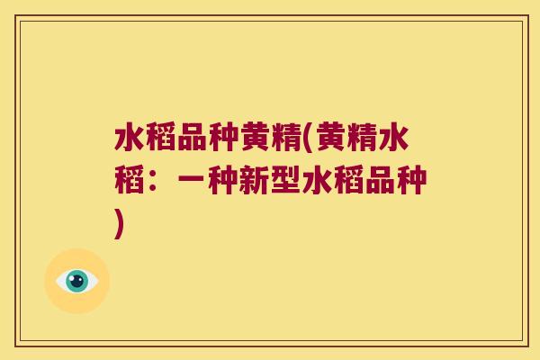 水稻品种黄精(黄精水稻：一种新型水稻品种)