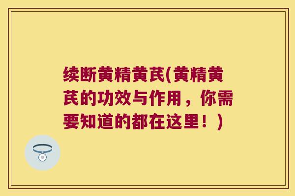 续断黄精黄芪(黄精黄芪的功效与作用，你需要知道的都在这里！)